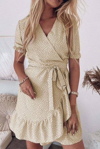 Polka Dot Print Wrap V-Neck Ruffle Dress