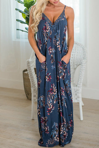 Plunge Neck Floral Maxi With Pockets