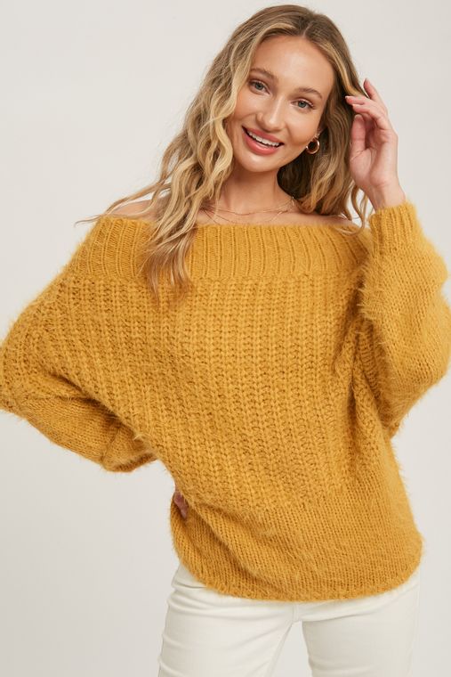 off the shoulder mustard sweater